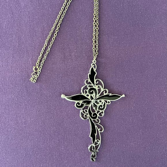 Vintage Ornate Filigree Silver-Tone/Enamel Cross Necklace By Luna - Picture 1 of 6